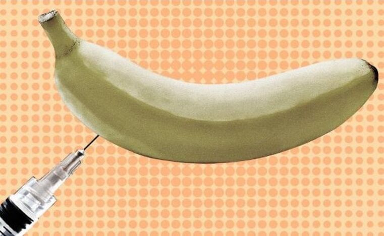 inxección de ampliación do pene usando unha banana como exemplo